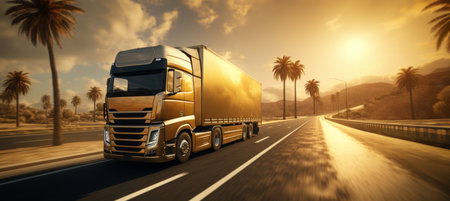 White pickup truck driving on scenic road at golden hour sunset with beautiful colorful skyの素材