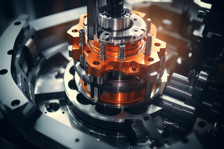 Close up of high precision metal laser cnc milling machine, showcasing advanced machining technologyの素材