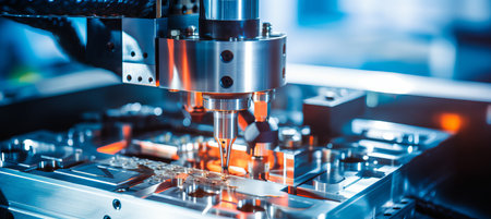 Close up of advanced metalworking laser cnc milling machine with hi technology machining conceptの素材