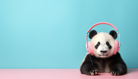 Joyful panda wearing headphones on pastel solid color background, copy space for text placementの素材