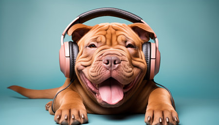 adorable puppy wearing headphones, happy studio shot on pastel background with copy spaceの素材