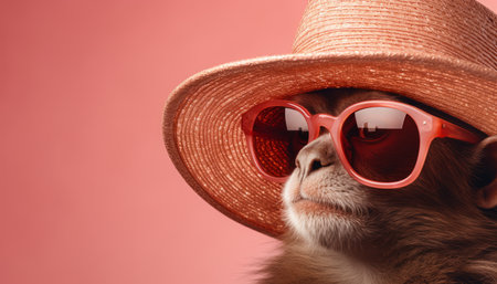 Chic monkey in sunglasses and hat on pastel background, travel concept with text space.の素材