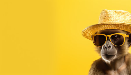 Monkey in sunglasses and hat on pastel background, travel concept with copy space for text.の素材