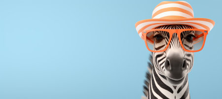Zebra wearing sunglasses and hat in studio with pastel color background   travel conceptの素材
