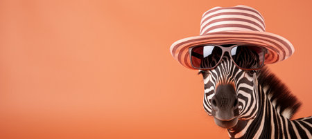 Zebra in sunglasses and hat studio shot, travel concept, isolated pastel background with text spaceの素材