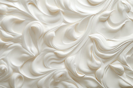 Close up of creamy white vanilla yogurt on a spoon, top view with full background coverageの素材