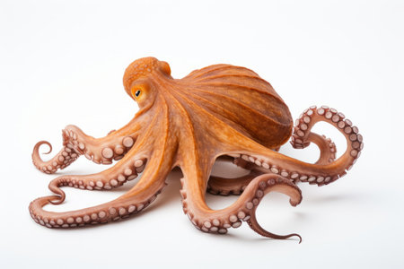 Close up of an octopus with tentacles spread out, isolated on a clean white backgroundの素材