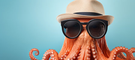 Colorful octopus in sunglasses and hat, travel concept on pastel background with copy spaceの素材