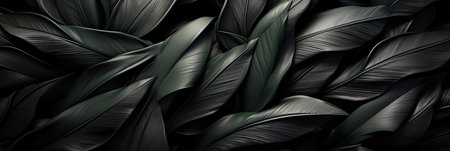 Abstract black tropical leaf textures for dark nature concept with artistic flat lay appeal.の素材