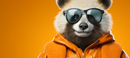 Panda in sunglasses and hat, studio shot, travel concept with pastel background and copy spaceの素材