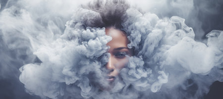 Young woman lost in a misty cloud depicting depression, addiction, loneliness, and mental healthの素材
