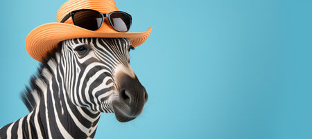 Zebra in sunglasses and hat, travel concept on pastel background with text space for messaging.の素材
