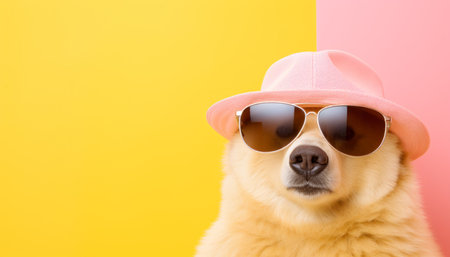 Stylish bear in sunglasses and hat on pastel background with copy space for text placementの素材