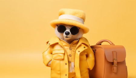 Trendy bear in sunglasses and hat, travel concept, isolated on pastel background with copy space.の素材