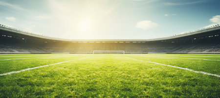 Vibrant and dynamic generative photo showcasing the lush green lawn of a bustling soccer stadiumの素材
