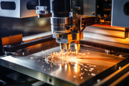 Close up of advanced metalworking cnc laser milling machineHigh tech machining concept.の素材