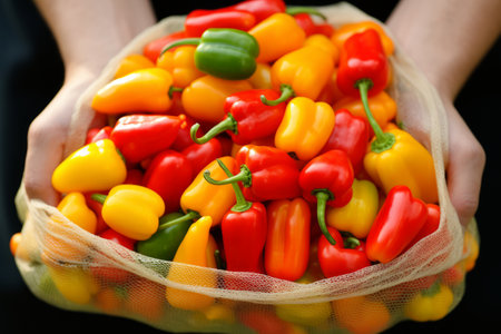 Hand holding reusable shopping bag with fresh organic vegetables at local farmers marketの素材
