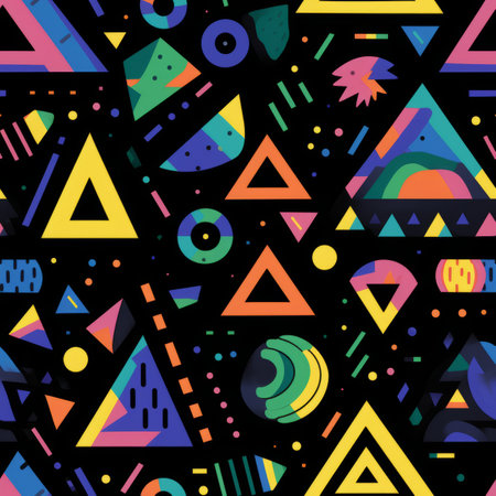Dynamic and visually interesting seamless geometric pattern with triangles, circles, and squaresの素材