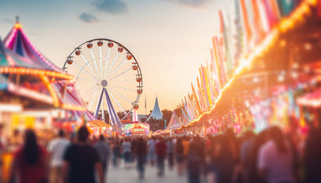 Colorful and energetic carnival background with sun rays overlay and ample space for text placementの素材
