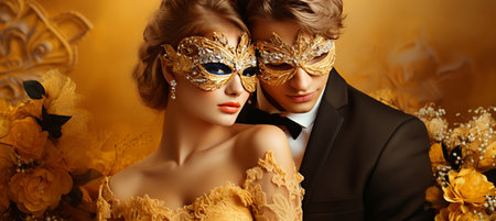Couple in venetian carnival costumes on bright background   studio shot with copy spaceの素材