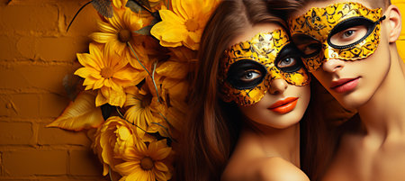 Elegant couple in venetian carnival costumes on solid color background with copy spaceの素材