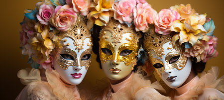 Elegant women in venetian carnival costumes posing against solid color background with text spaceの素材