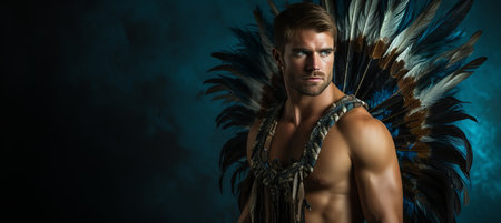 Vibrant man in elaborate brazilian carnival costume on solid color background with text spaceの素材