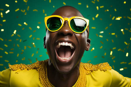 Energetic man in elaborate brazilian carnival costume on solid background with text spaceの素材