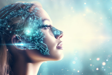 Futuristic female robot face with ai concept on digital particles background and shining starsの素材