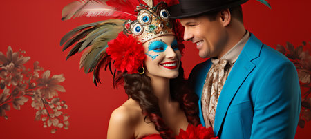 Couple in venetian carnival costumes posing on colorful studio background with copy spaceの素材