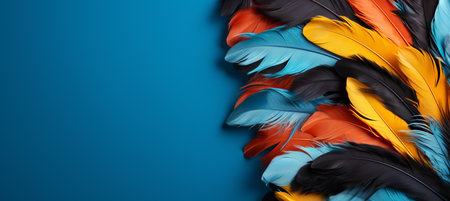 Colorful feathers on blue background. Top view. Copy space.の素材