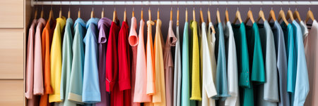 Vibrant and stylish fashion clothes hanging on a colorful clothing rack in a fashionable closetの素材