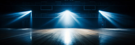 Title breathtaking basketball court shining brilliantly in the midst of a vast, darkened arenaの素材