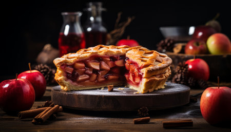 Scrumptious homemade apple pie with a golden crust on a charming rustic wooden backgroundの素材