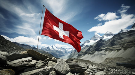 Scenic view of the swiss alps with the flag of switzerland waving atop a magnificent mountain peakの素材