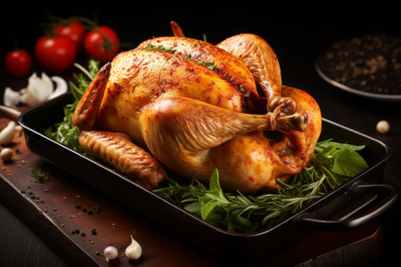 Mouthwatering golden brown roast chicken with crispy skin, cooked to perfection in a sizzling panの素材