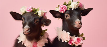 Happy goats posing on pastel color background for fashion studio shoot with copy spaceの素材