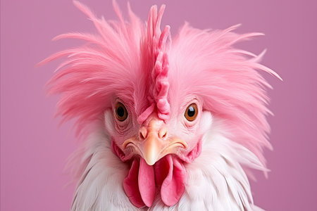 Styled and joyful chicken on pastel background with copy space for text and design elementsの素材