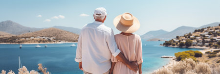 Unrecognizable couple in silhouette enjoying a bright and sunny summer day at the picturesque beachの素材