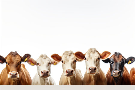 Group of dairy cattle isolated on white background with ample copy space for text placementの素材