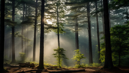 Majestic sunbeams illuminating a serene and enchanting misty forest with radiant sun light raysの素材