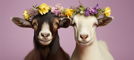 Graceful goats posing stylishly on a pastel background, perfect for fashion shots with text space.の素材