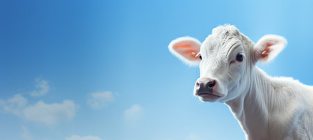 Fashionable studio shot of happy dairy cattle on solid pastel background with copy spaceの素材
