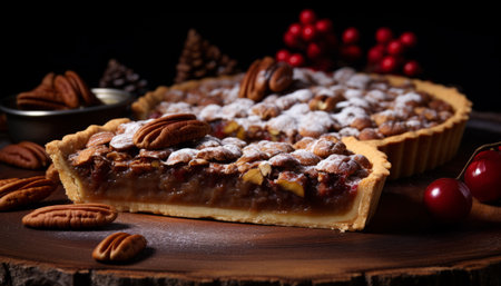 Homemade pecan pie on rustic wooden background, ideal for autumn gatherings and festive occasionsの素材
