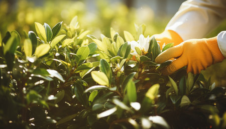 Experienced gardener carefully pruning plants with gloved hands on a beautiful sunny dayの素材
