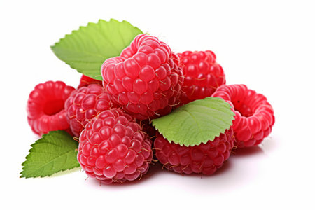 Fresh and juicy red raspberries isolated on white background for a wholesome fruit conceptの素材