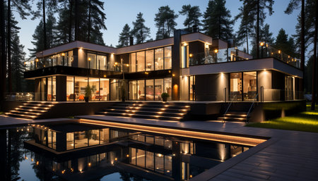 Elegant and contemporary white house featuring a stunning pool amidst a picturesque forest settingの素材