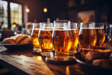 Friends enjoying happy hour at brewery pub   closeup of beer glasses   food and beverage conceptの素材