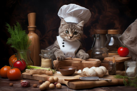 Cat chef cooking nutritious meals with passion, wearing a charming cooking hat in the kitchenの素材