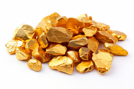 Isolated shiny gold nugget on white background   valuable precious metal for design and projectsの素材